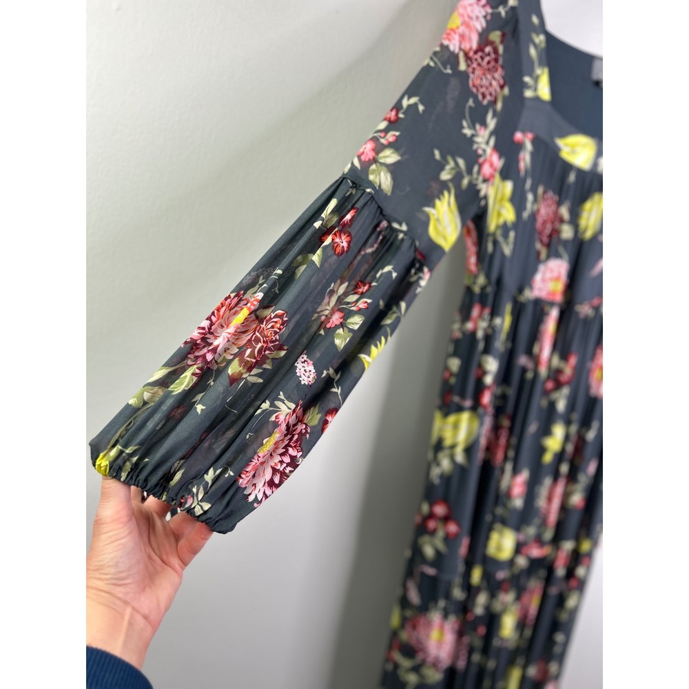 Anthropologie Evelin Floral Maxi Dress Square Neck Tiered Puff Dark Teal XSP - Picture 8 of 11
